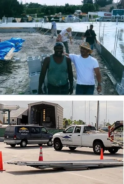 (top image) Two of our employees, Fred and Alvio, with wet concrete visible in the background (bottom image) Andros Roofing Construction unloading materials