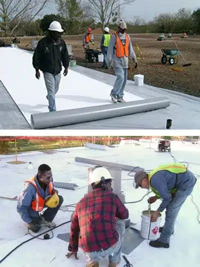 Andros Roofing employees applying TPO roofing